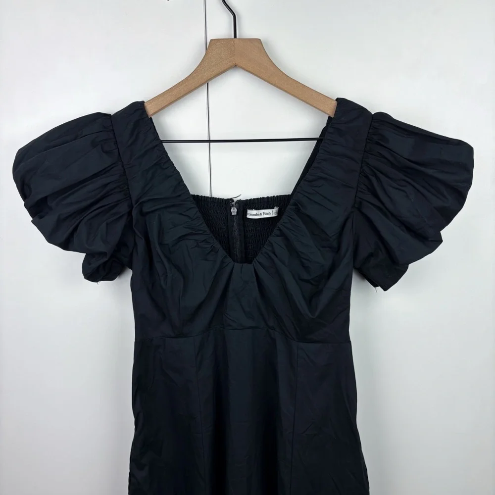 Abercrombie Puff Sleeve Plunge Midi Dress Black V Neck Cotton Blend Poplin Small - Picture 4 of 9